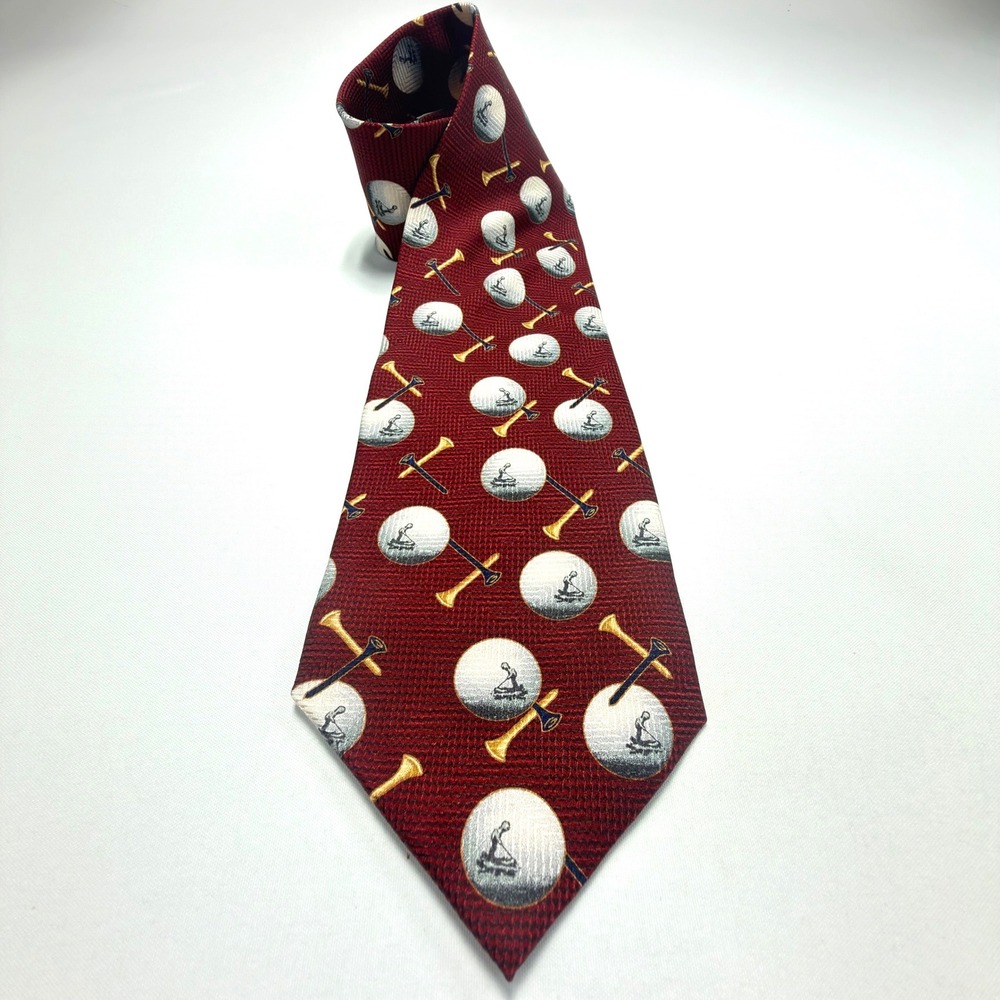 Pinehurst Golf Club Golf Ball & Crossed Clubs Silk Necktie Burgundy